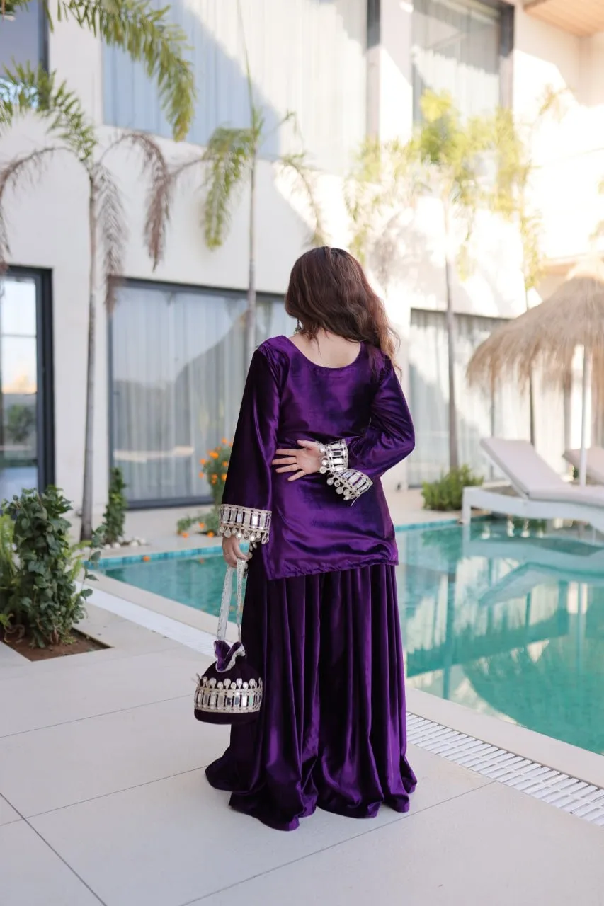 Purple Mirror Work Velvet Co ord Set with Batwa - Image 3