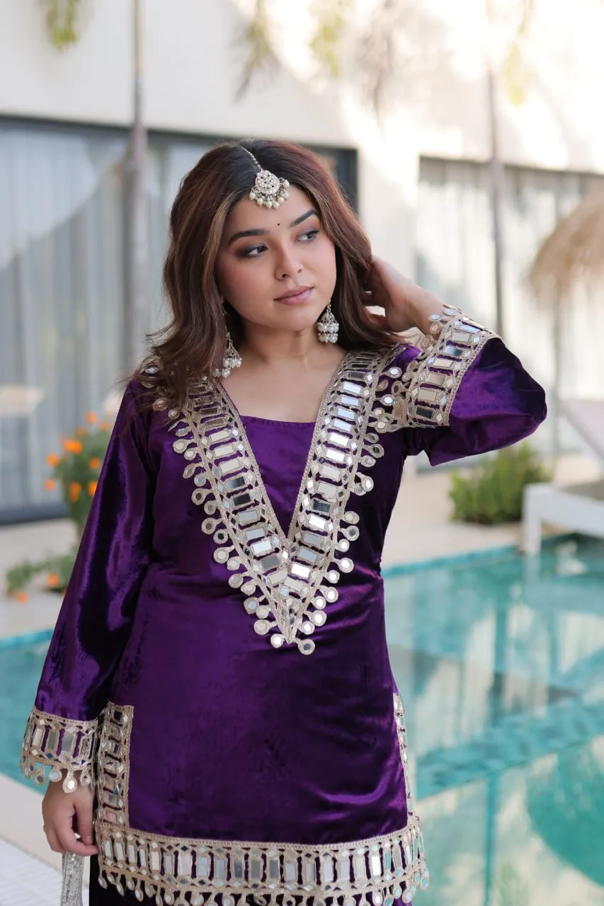 Purple Mirror Work Velvet Co ord Set with Batwa - Image 4