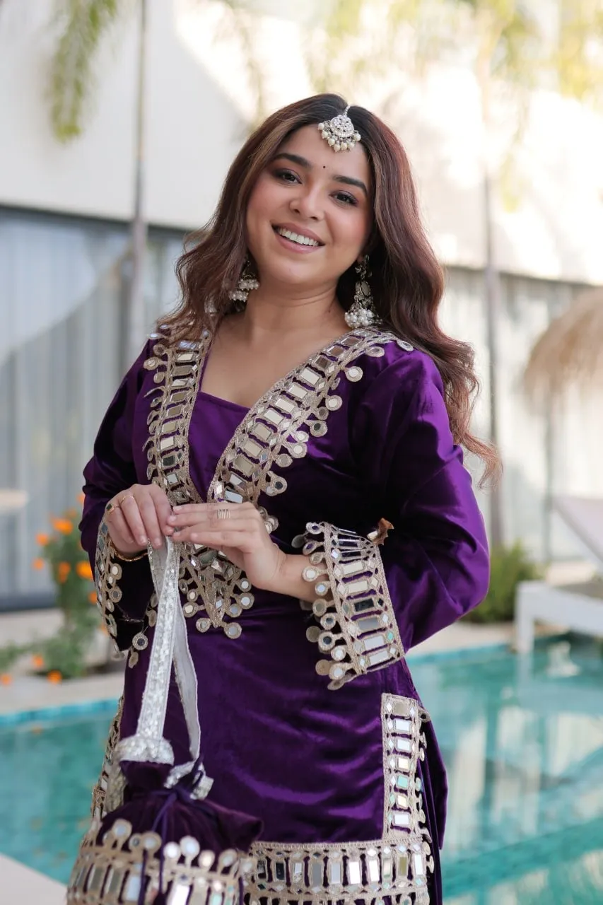 Purple Mirror Work Velvet Co ord Set with Batwa - Image 5