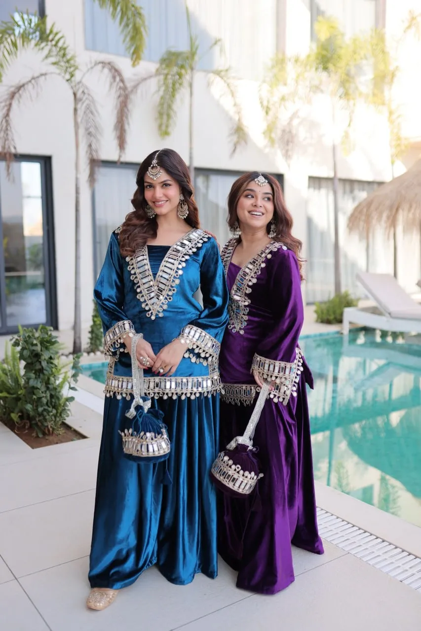 Purple Mirror Work Velvet Co ord Set with Batwa - Image 6