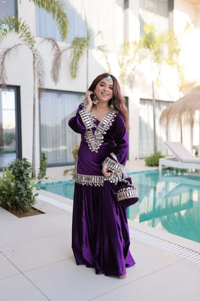 Purple Mirror Work Velvet Co ord Set with Batwa - Image 7