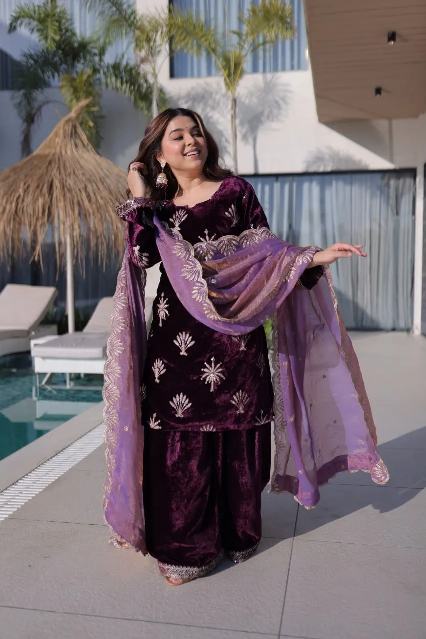 Purple Velvet Sharara Set for Girls