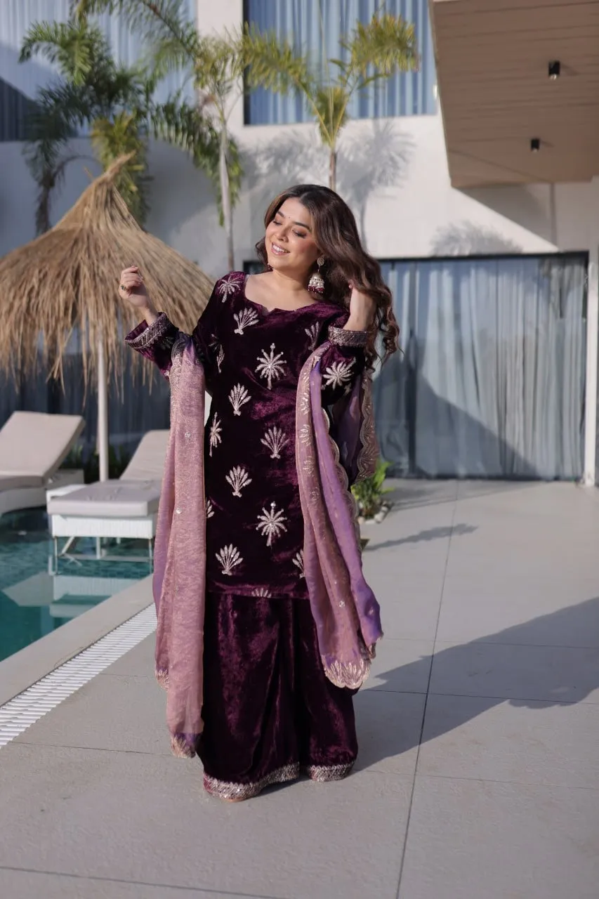 Purple Velvet Sharara Set for Girls - Image 2