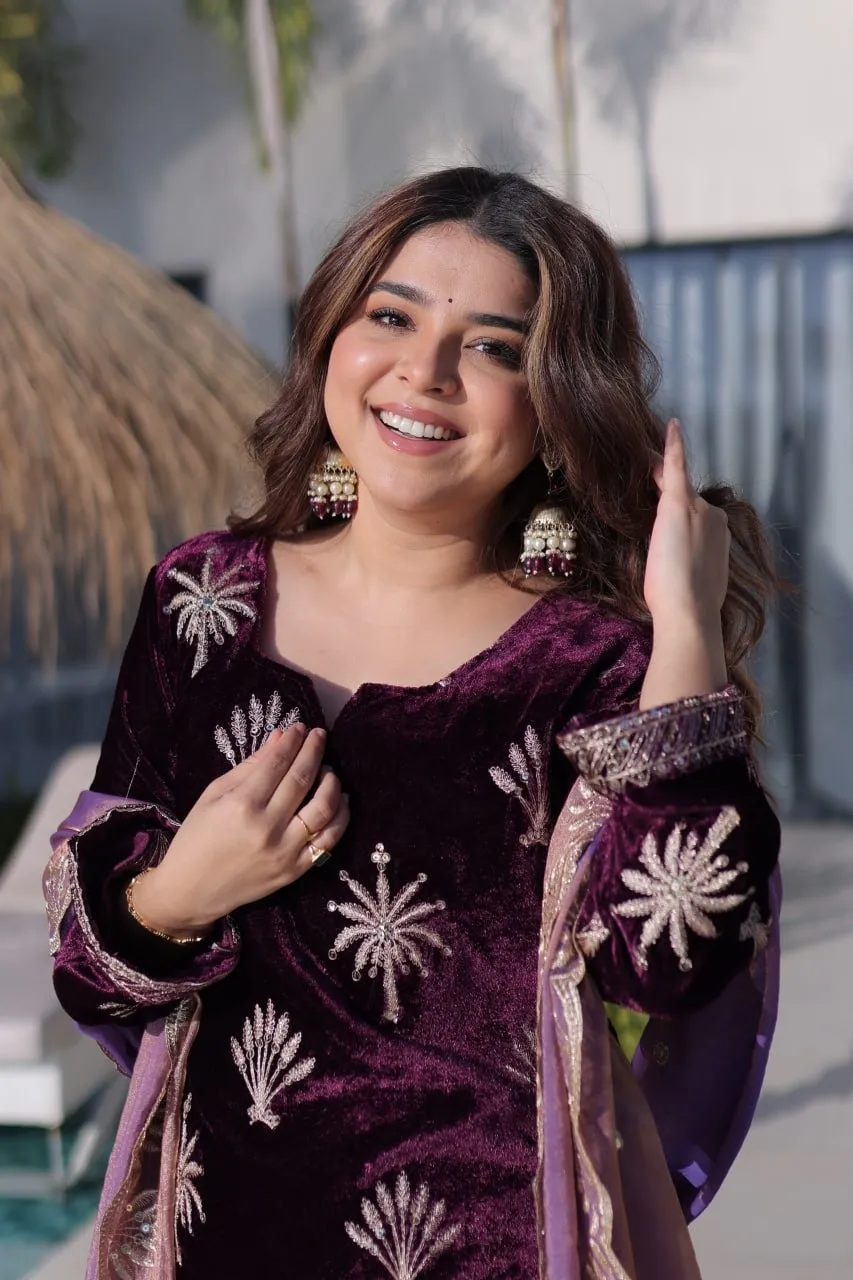Purple Velvet Sharara Set for Girls - Image 3