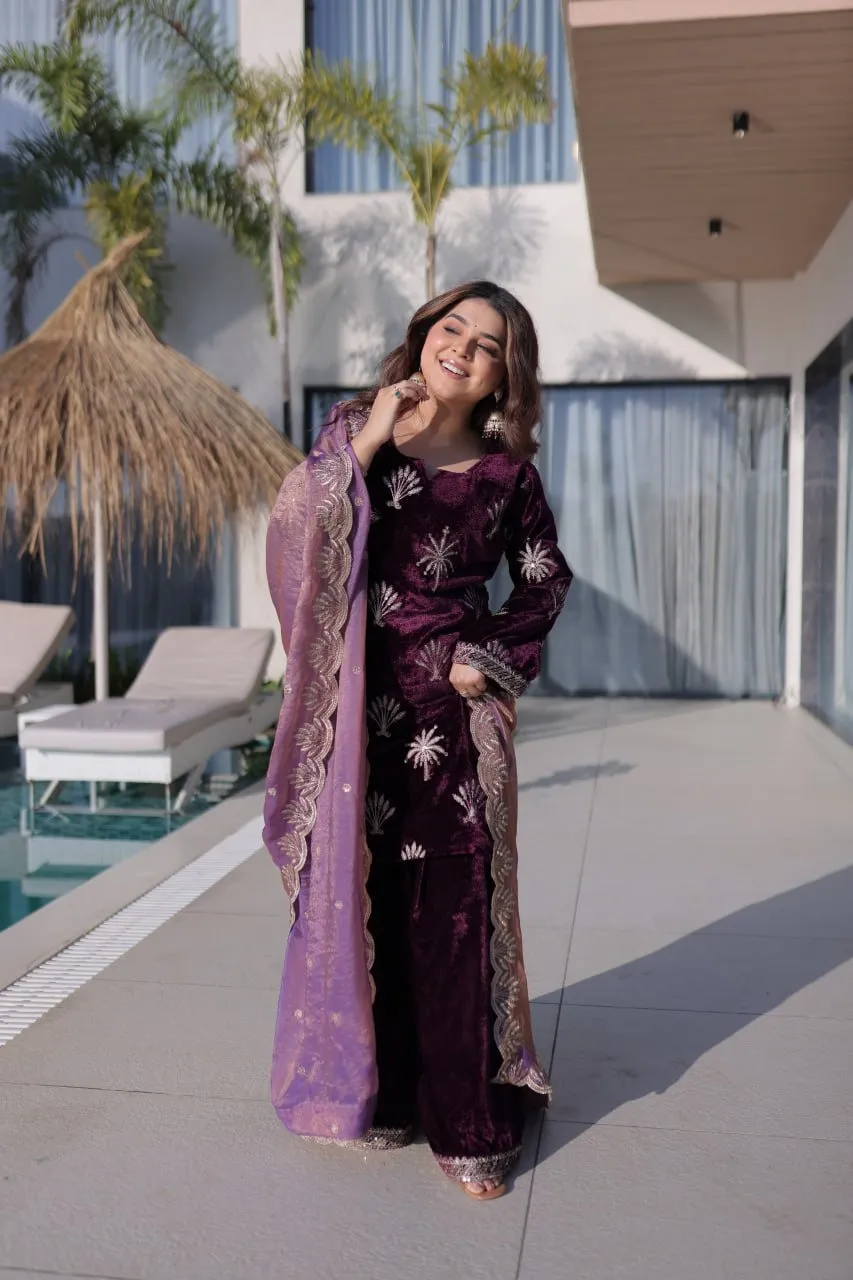 Purple Velvet Sharara Set for Girls - Image 4