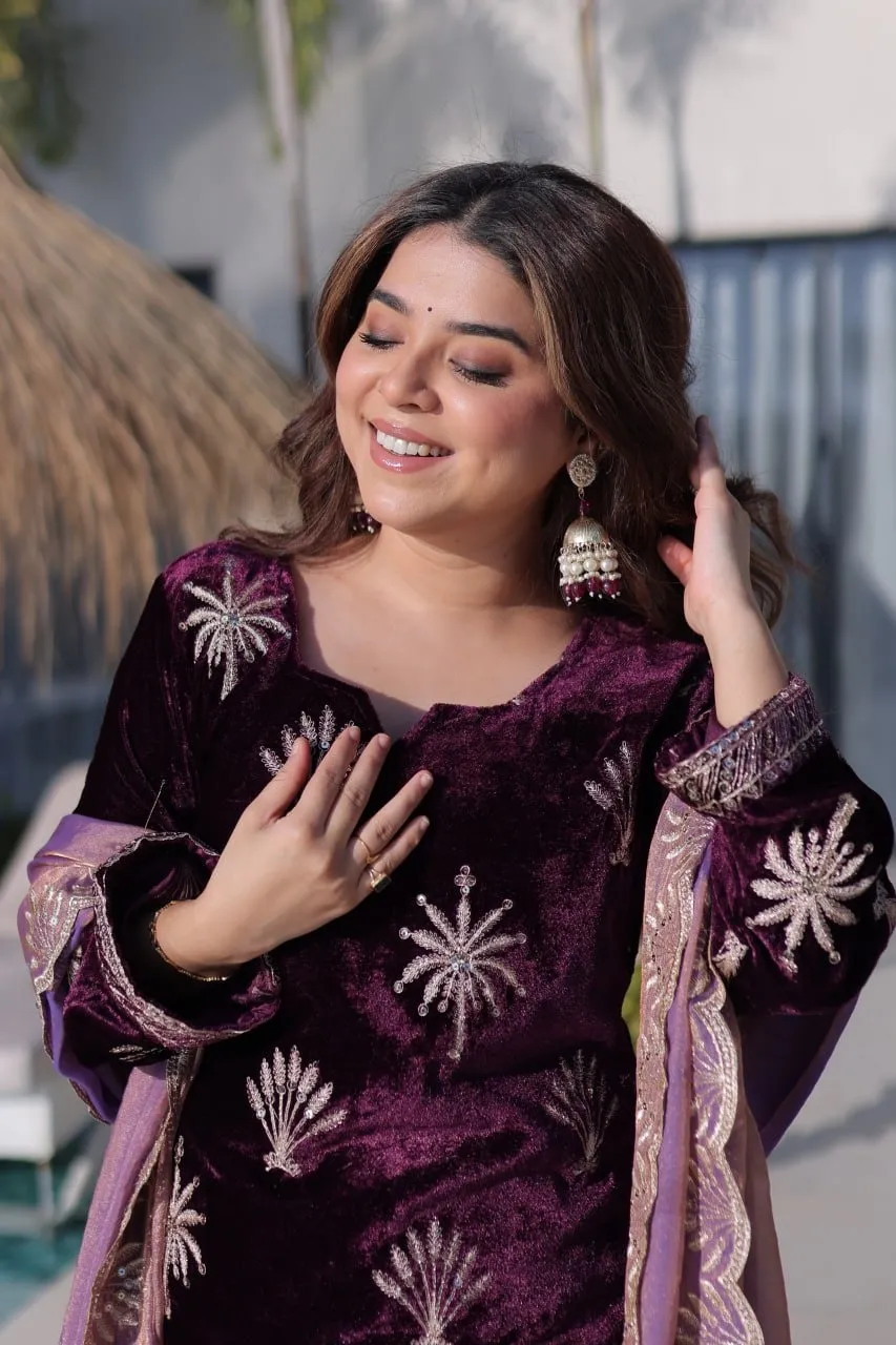 Purple Velvet Sharara Set for Girls - Image 5