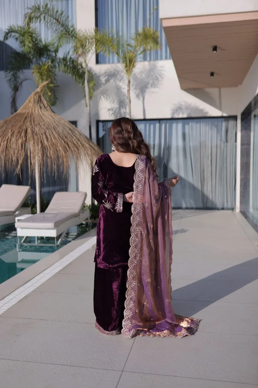 Purple Velvet Sharara Set for Girls - Image 6