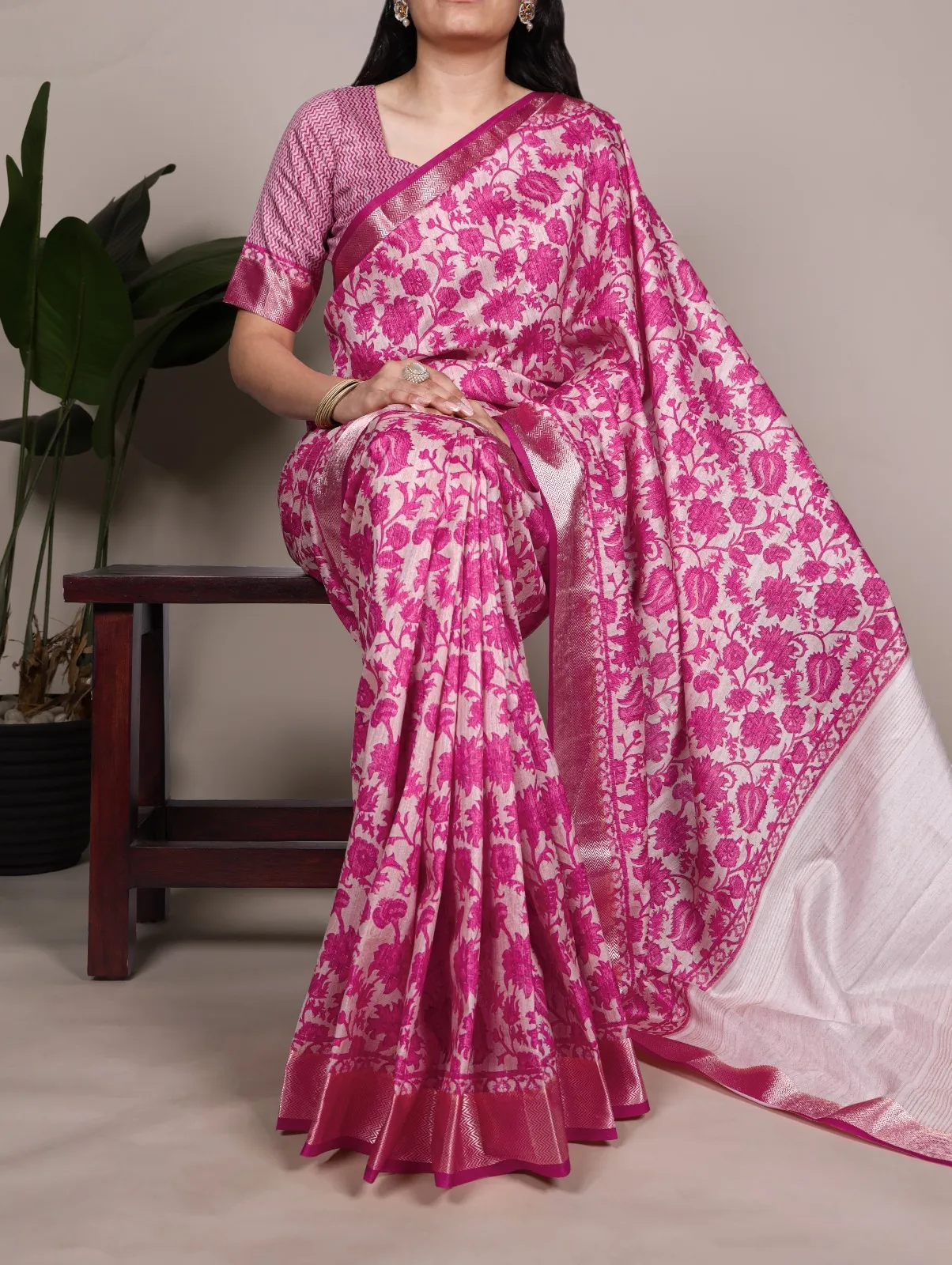 Rani Pink Floral Tassar Silk Saree