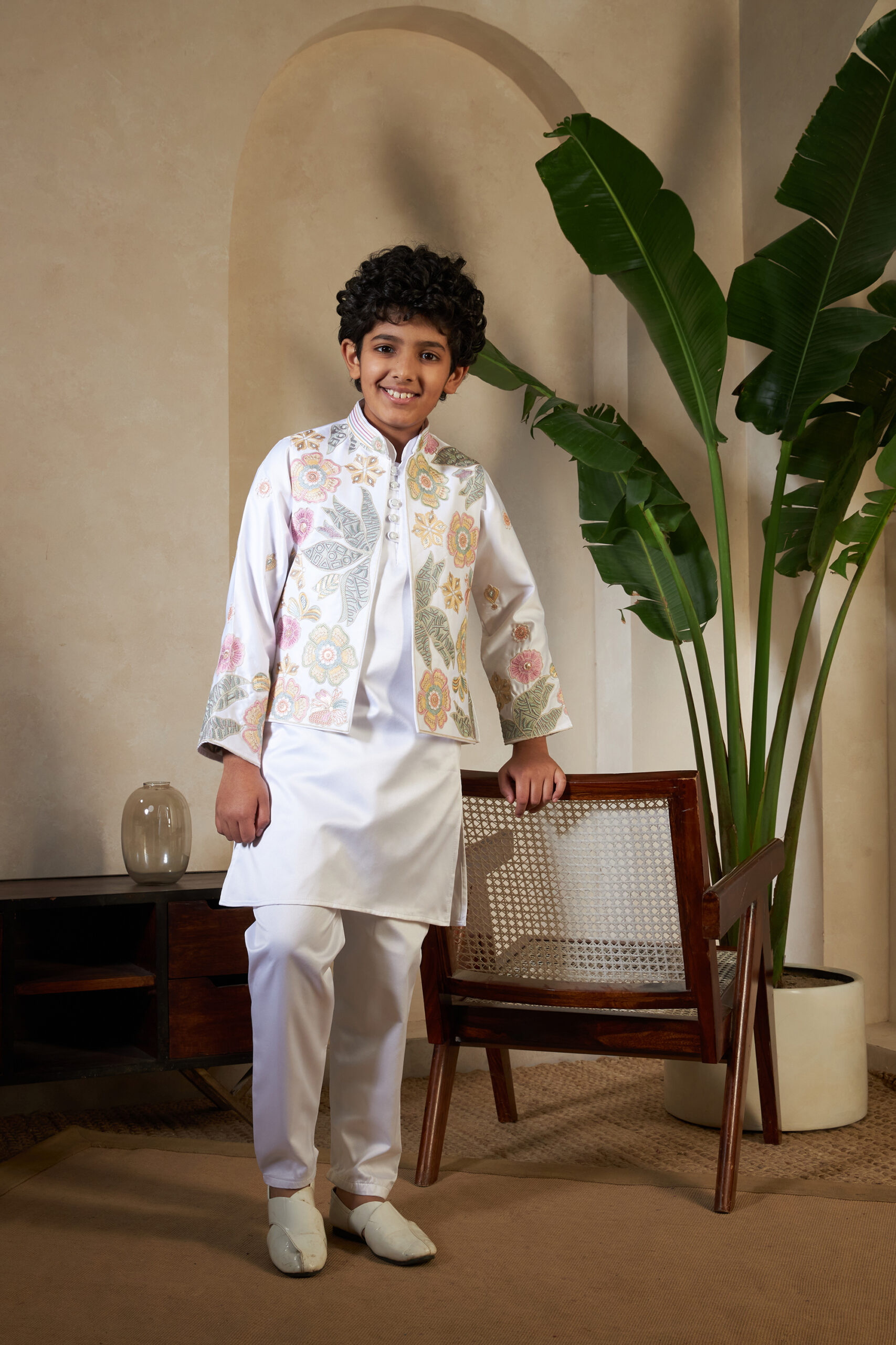 white color small boys wedding kurta with koti - Image 4