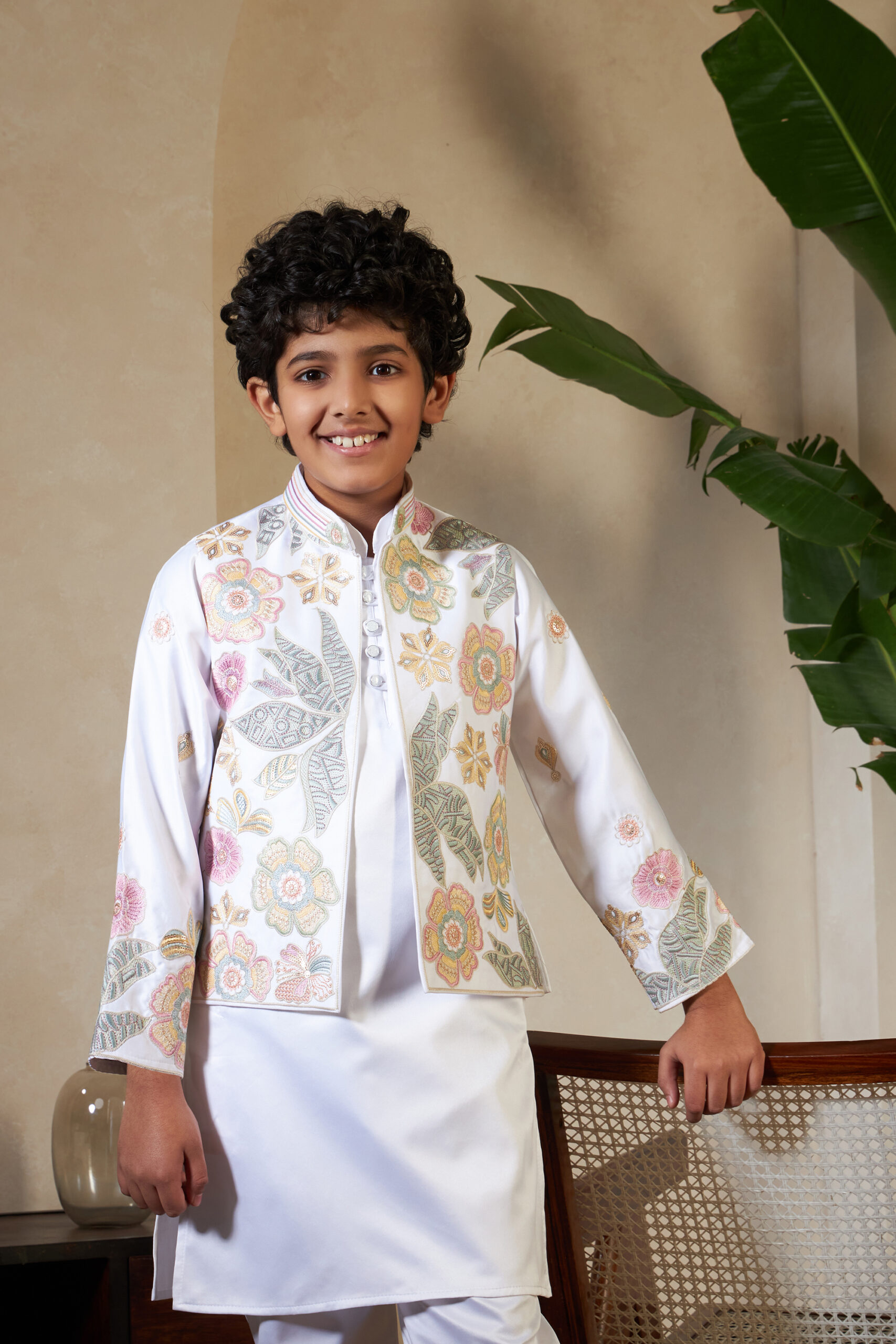 white color small boys wedding kurta with koti - Image 5