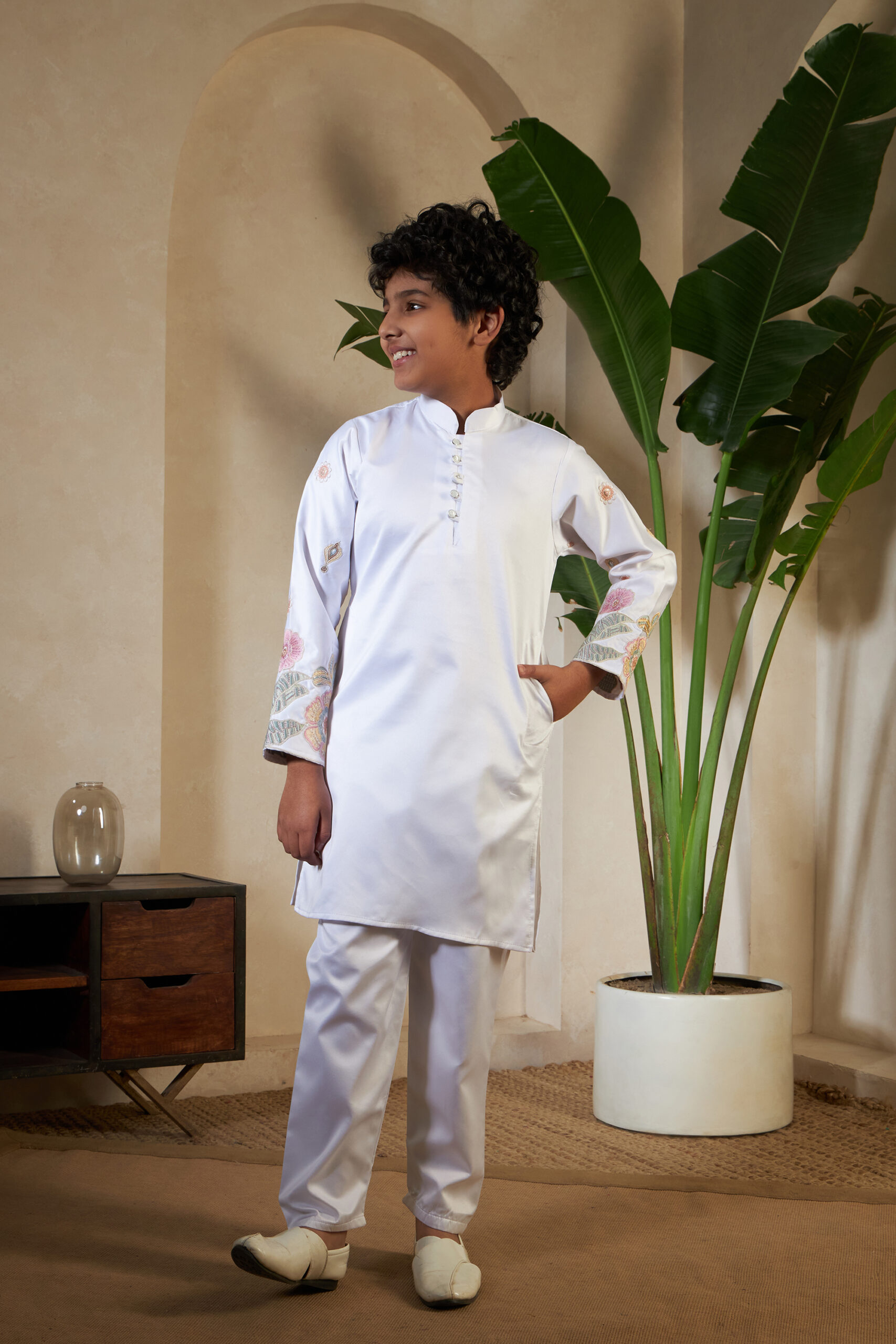 white color small boys wedding kurta with koti - Image 3