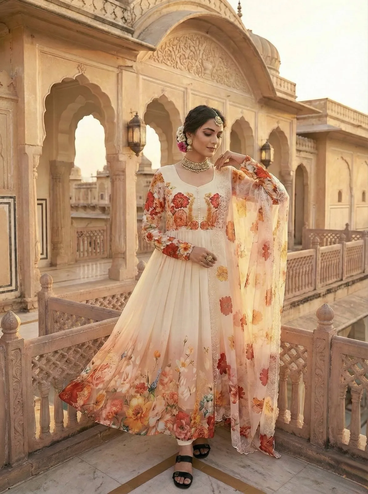 Creme Georgette Floral Handwork Gown with Dupatta