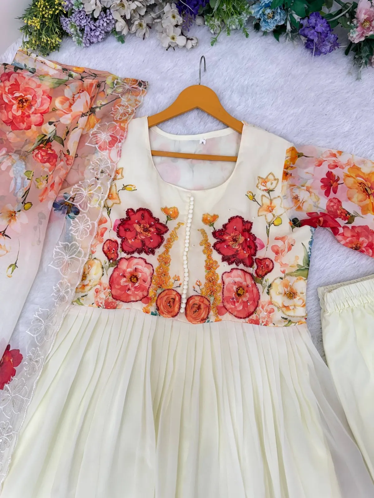 Creme Georgette Floral Handwork Gown with Dupatta - Image 3