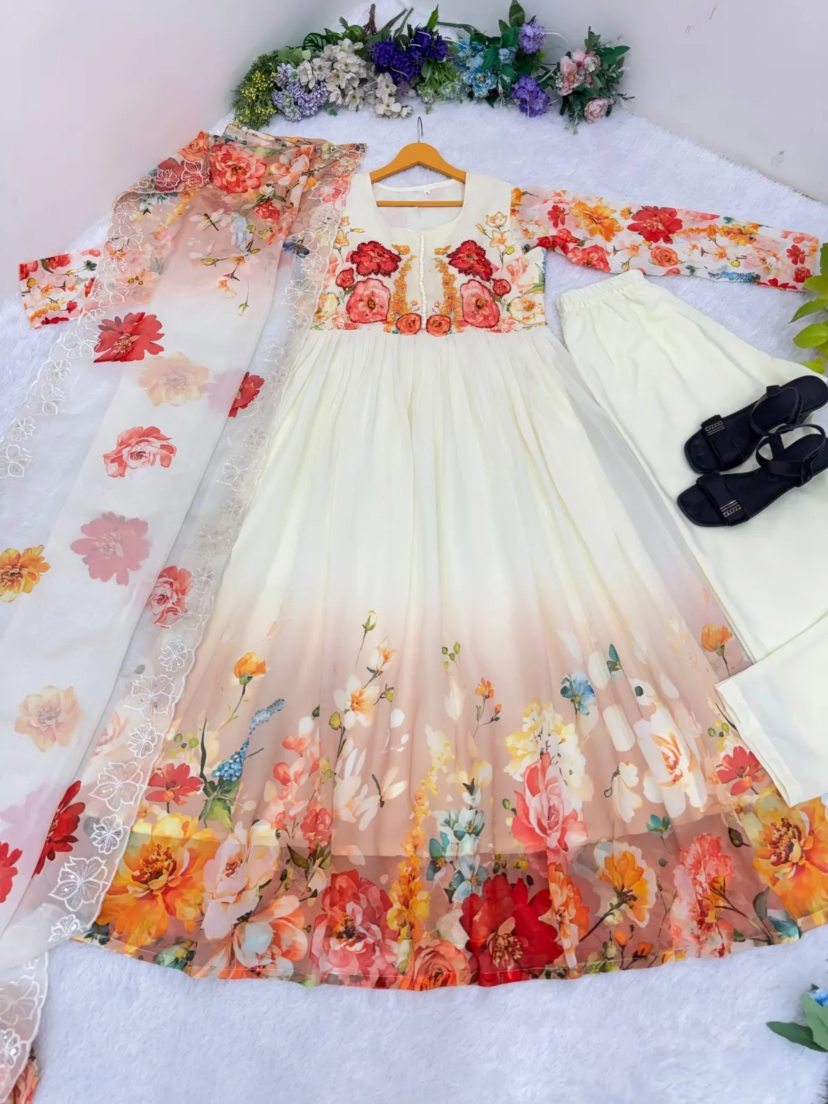 Creme Georgette Floral Handwork Gown with Dupatta - Image 4