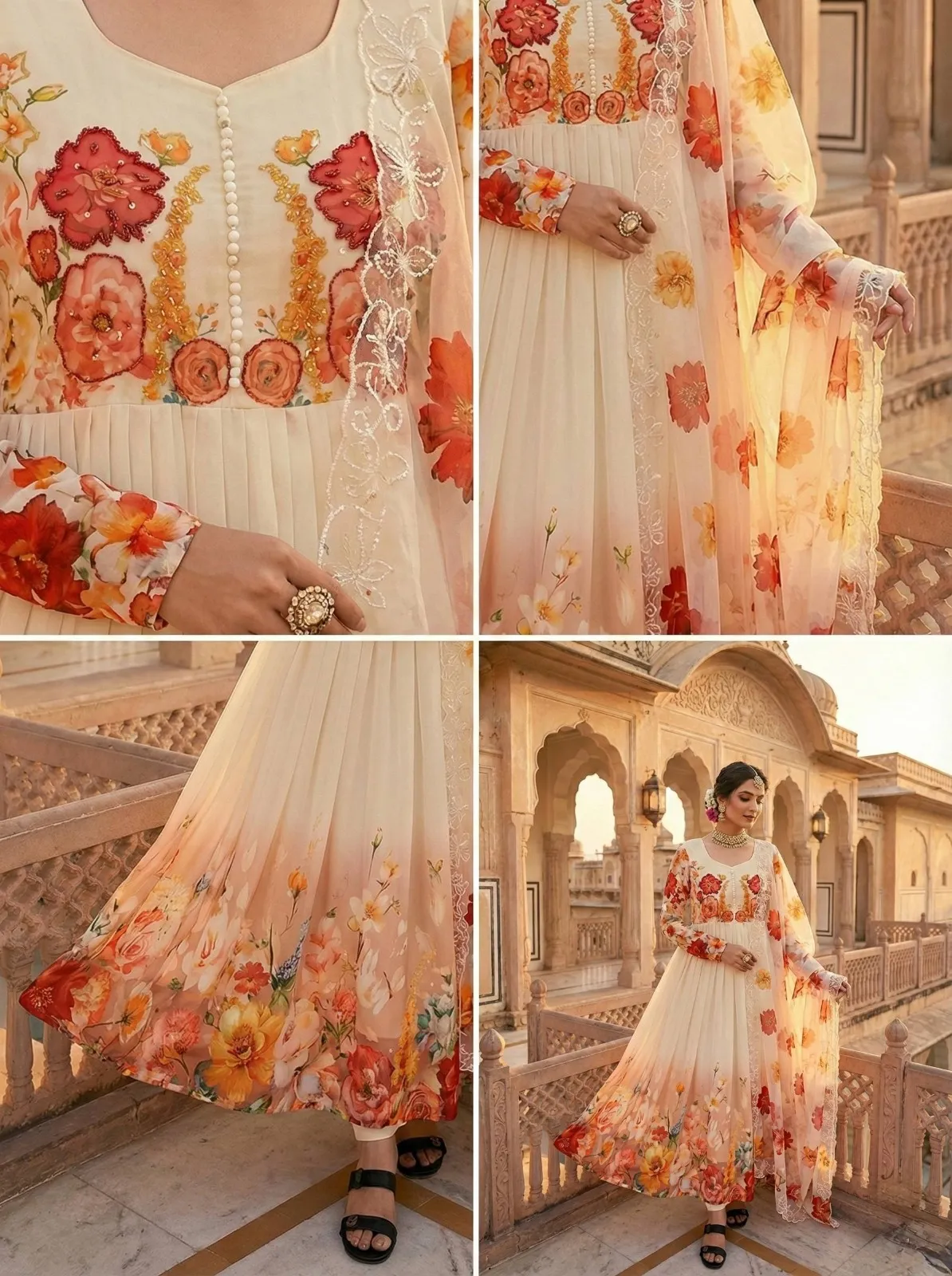Creme Georgette Floral Handwork Gown with Dupatta - Image 5
