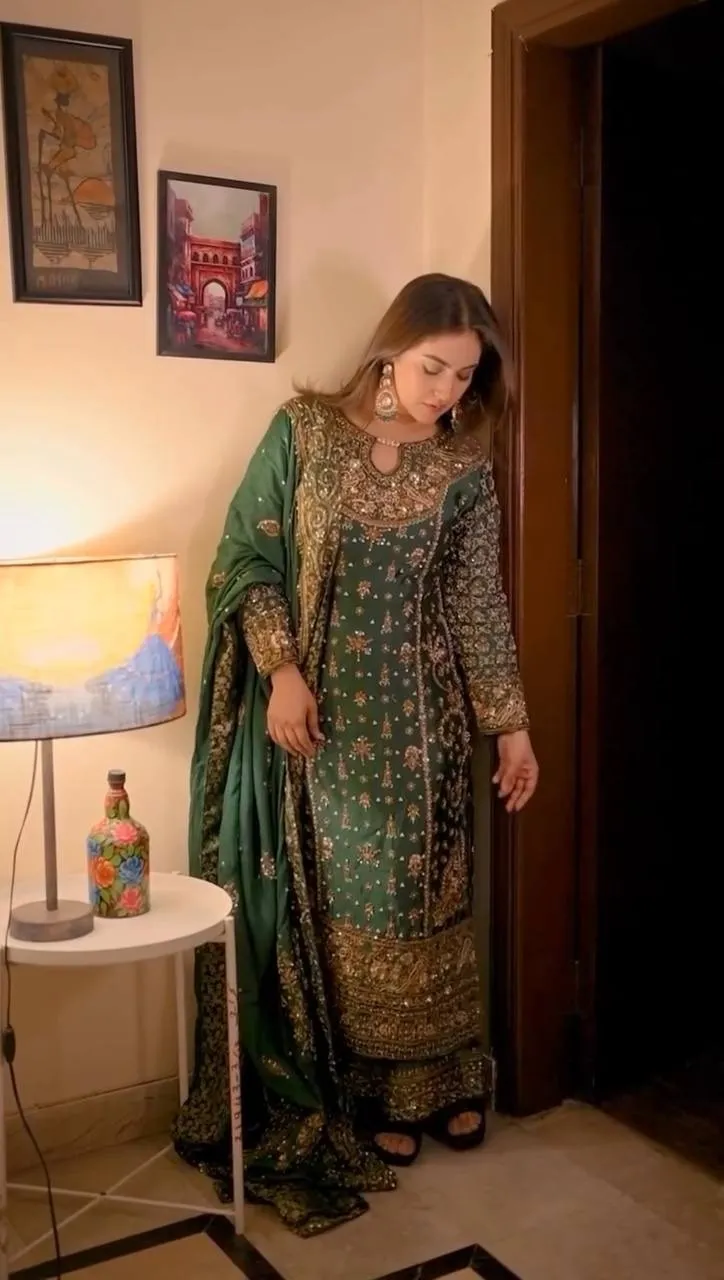Green Readymade Pakistani Long Suits for Women