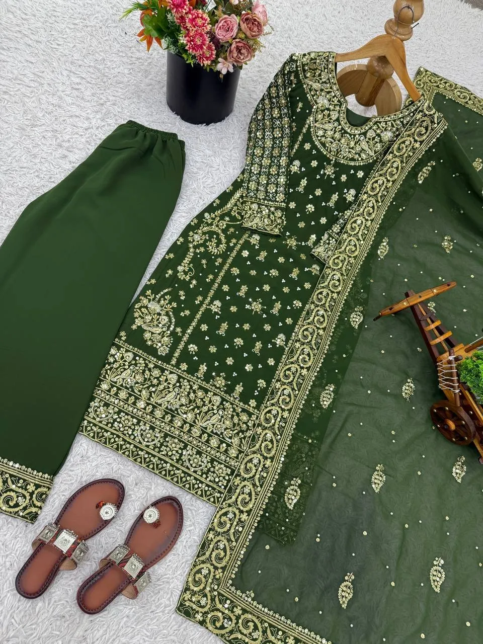 Green Readymade Pakistani Long Suits for Women - Image 2