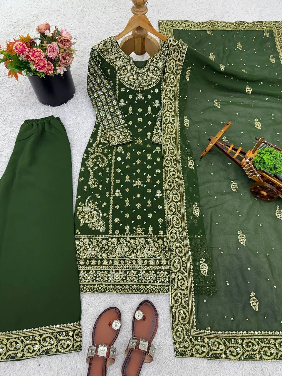 Green Readymade Pakistani Long Suits for Women - Image 3