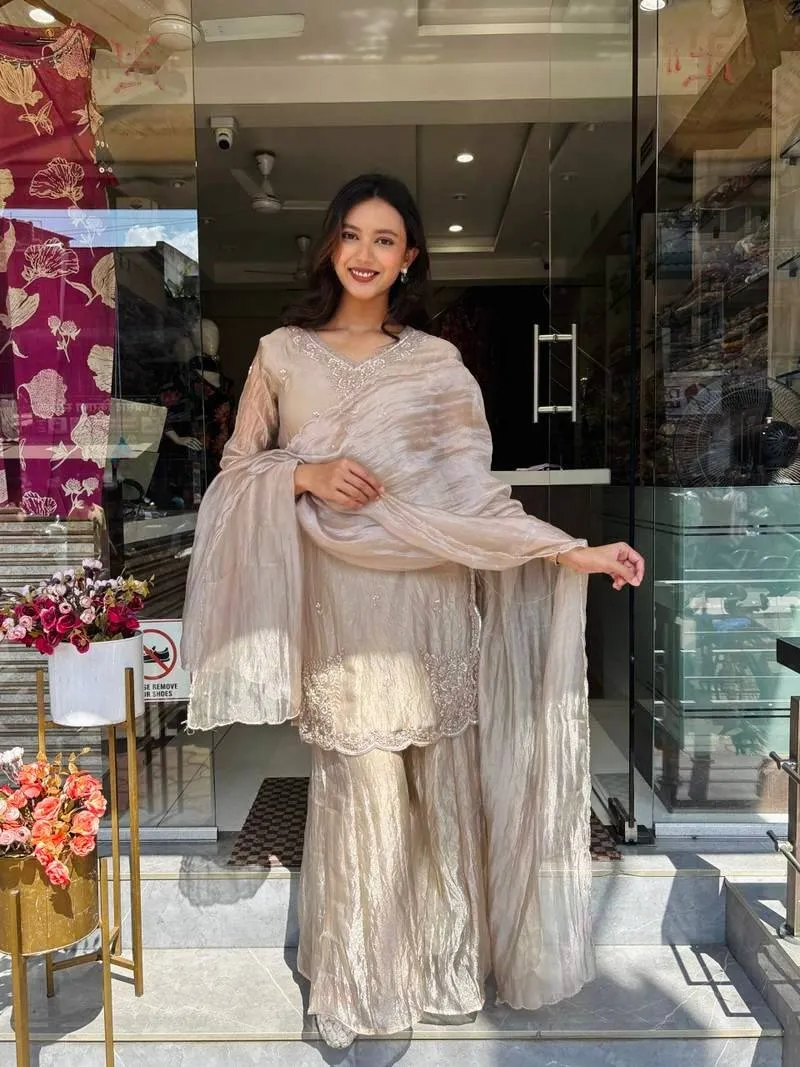 Chiku Color Pakistani Embroidery Plazzo Dress