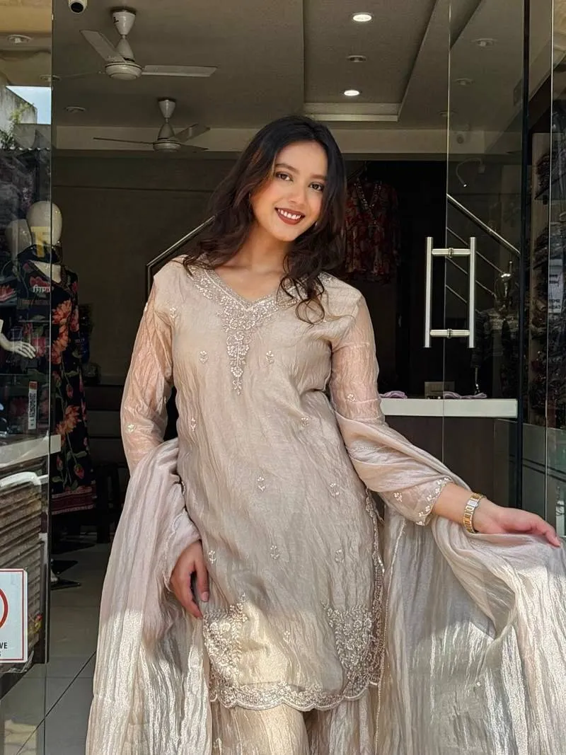 Chiku Color Pakistani Embroidery Plazzo Dress - Image 2