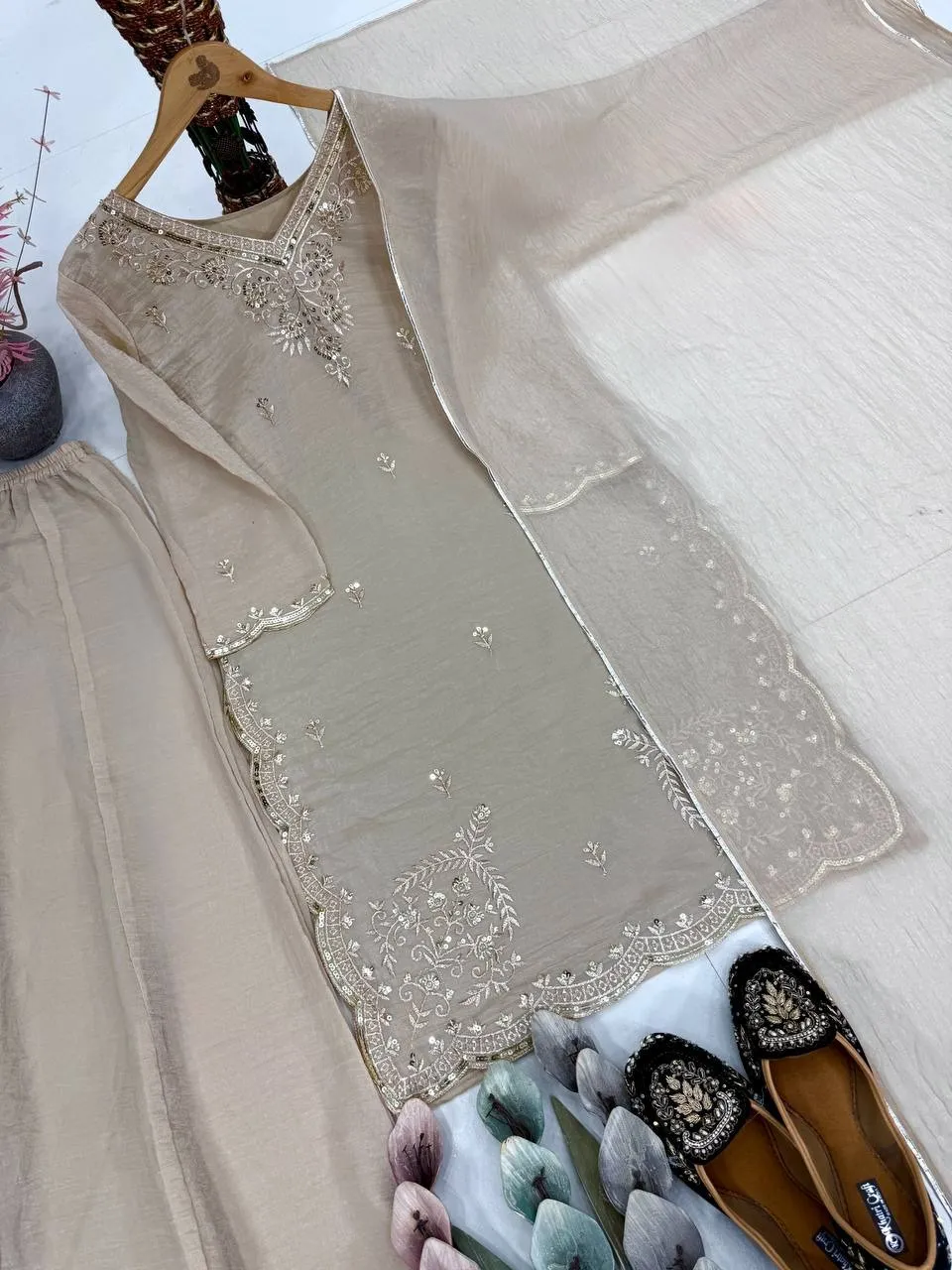 Chiku Color Pakistani Embroidery Plazzo Dress - Image 3