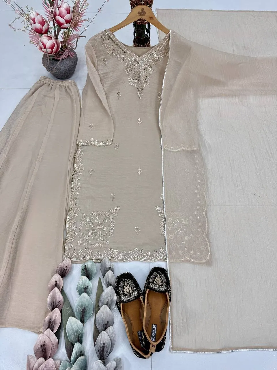 Chiku Color Pakistani Embroidery Plazzo Dress - Image 4