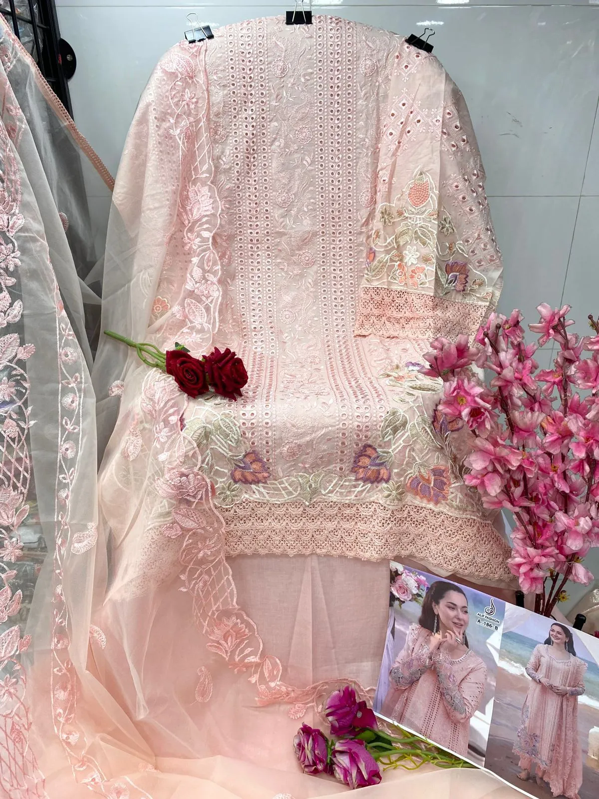 Hania Amir Cotton Dress Material Peach - Image 3