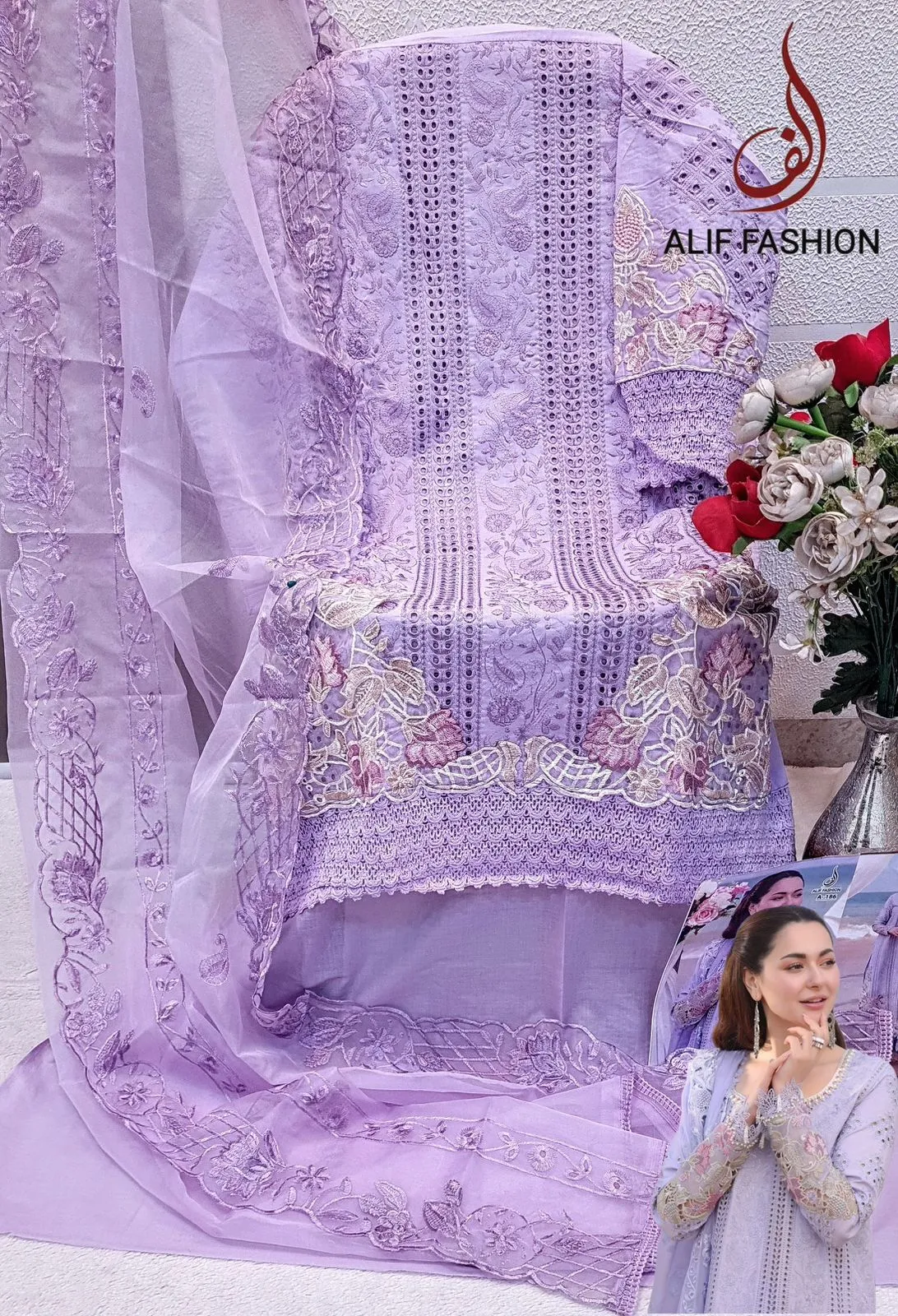 Hania Amir Cotton Dress Material Purple - Image 3