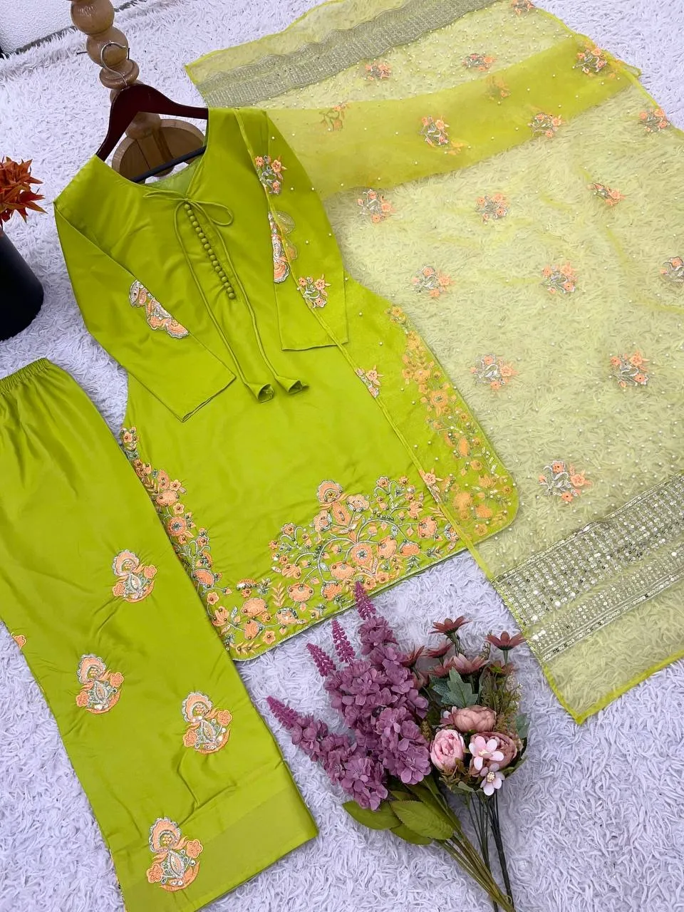 Lime Green Pakistani Farshi Dress - Image 2
