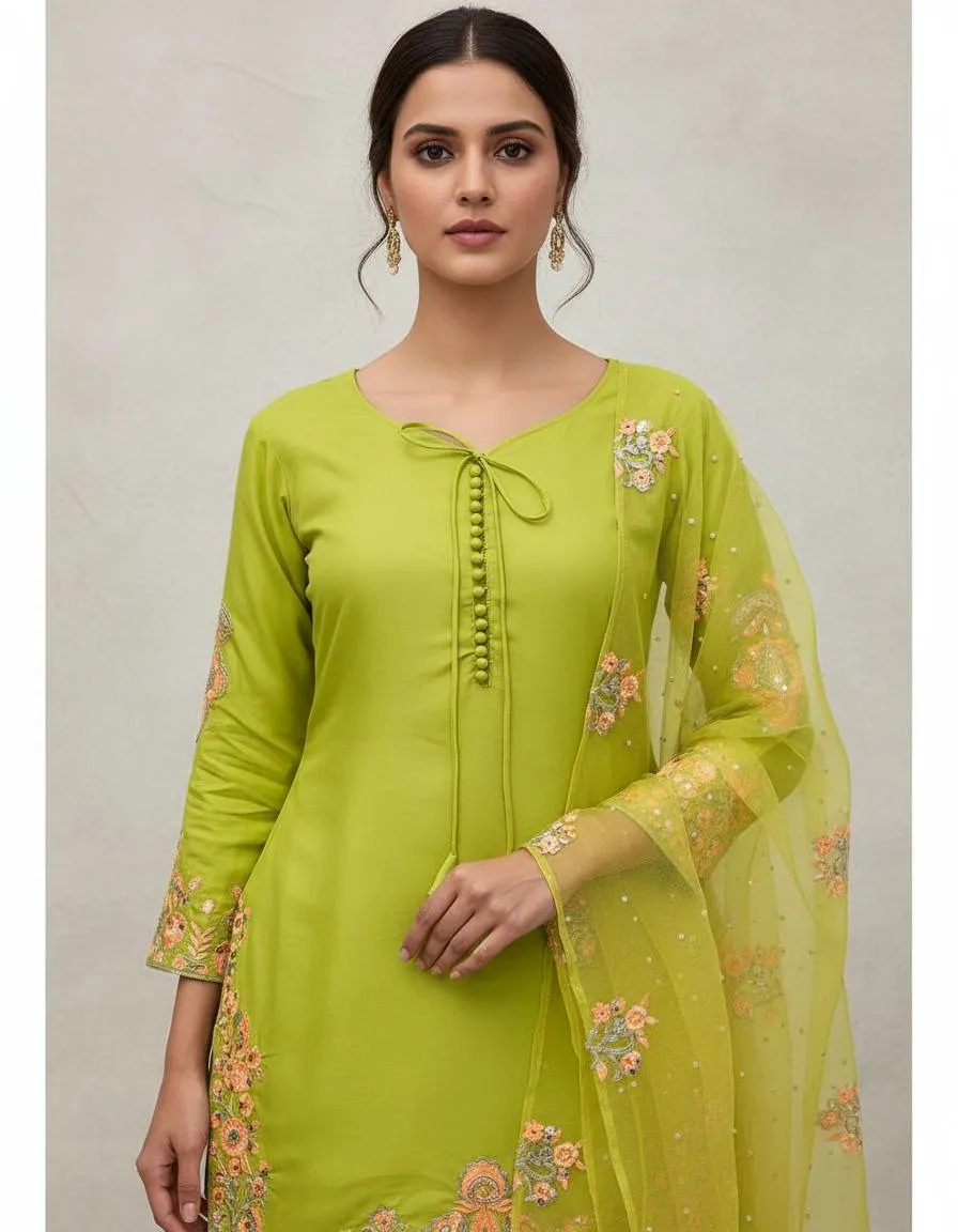 Lime Green Pakistani Farshi Dress - Image 3