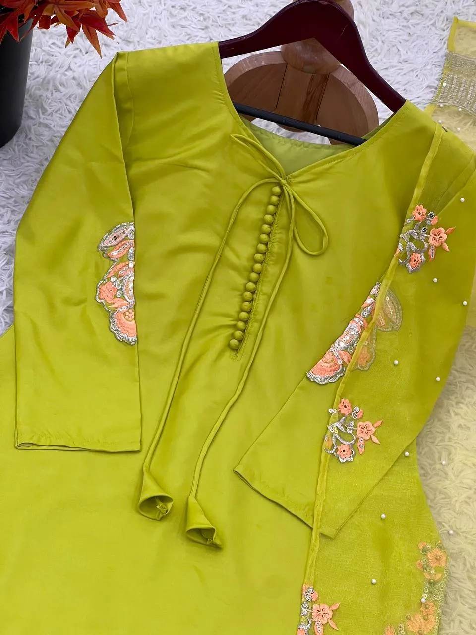Lime Green Pakistani Farshi Dress - Image 4