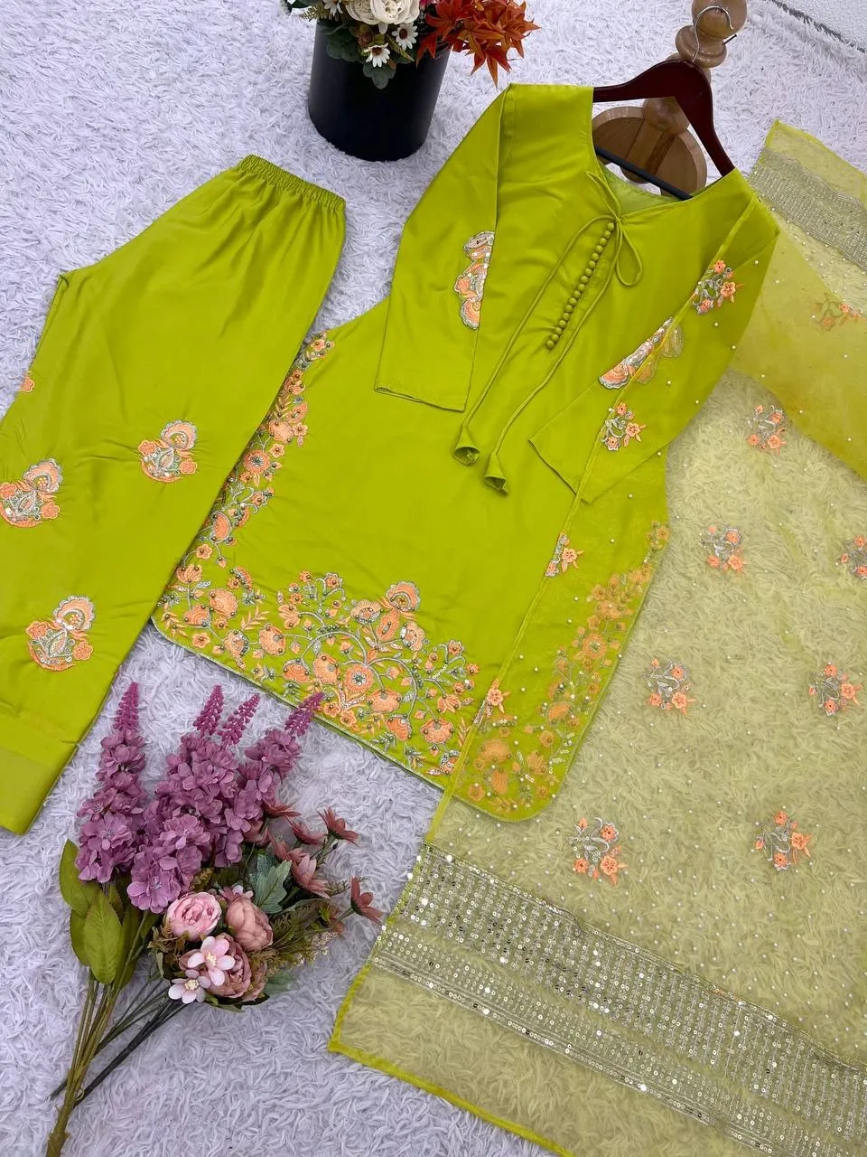 Lime Green Pakistani Farshi Dress - Image 5