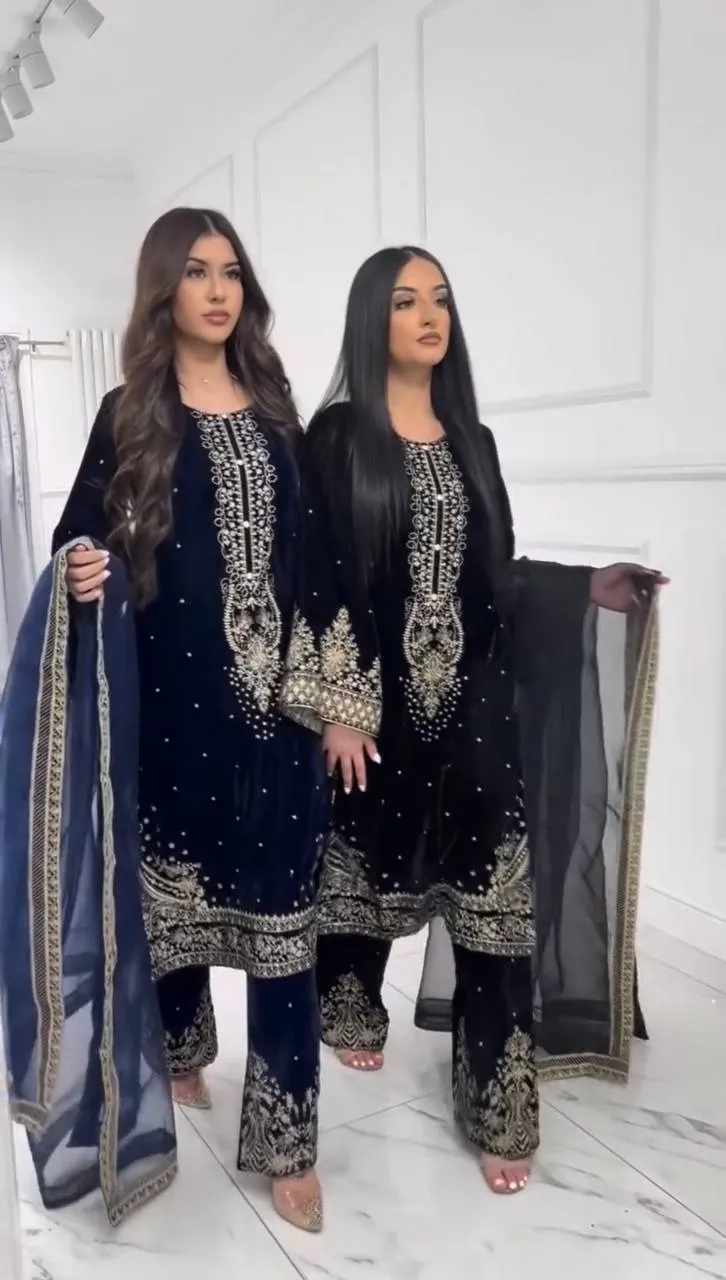 Navy Blue Embroidery Pakistani Velvet Suit