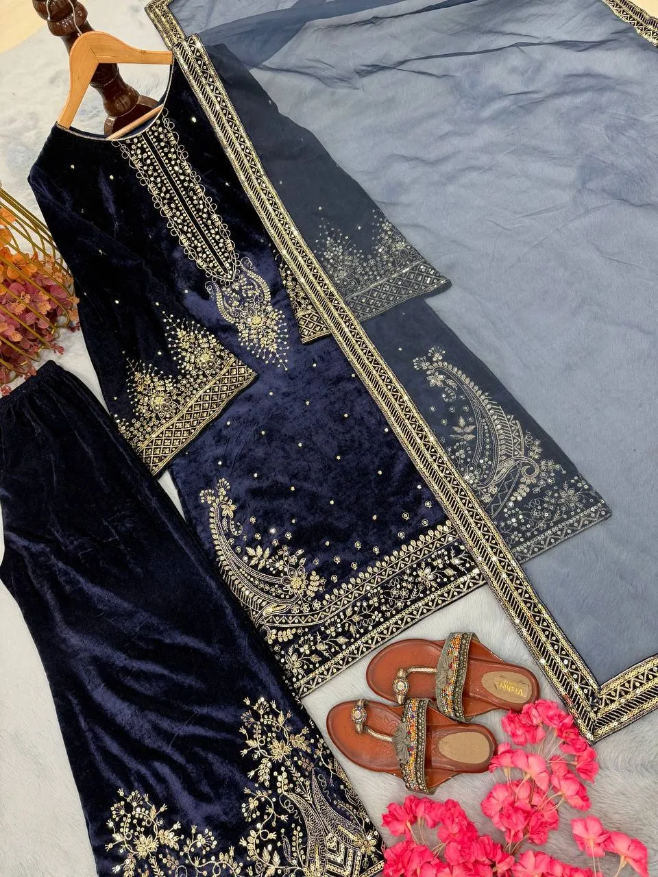 Navy Blue Embroidery Pakistani Velvet Suit - Image 2