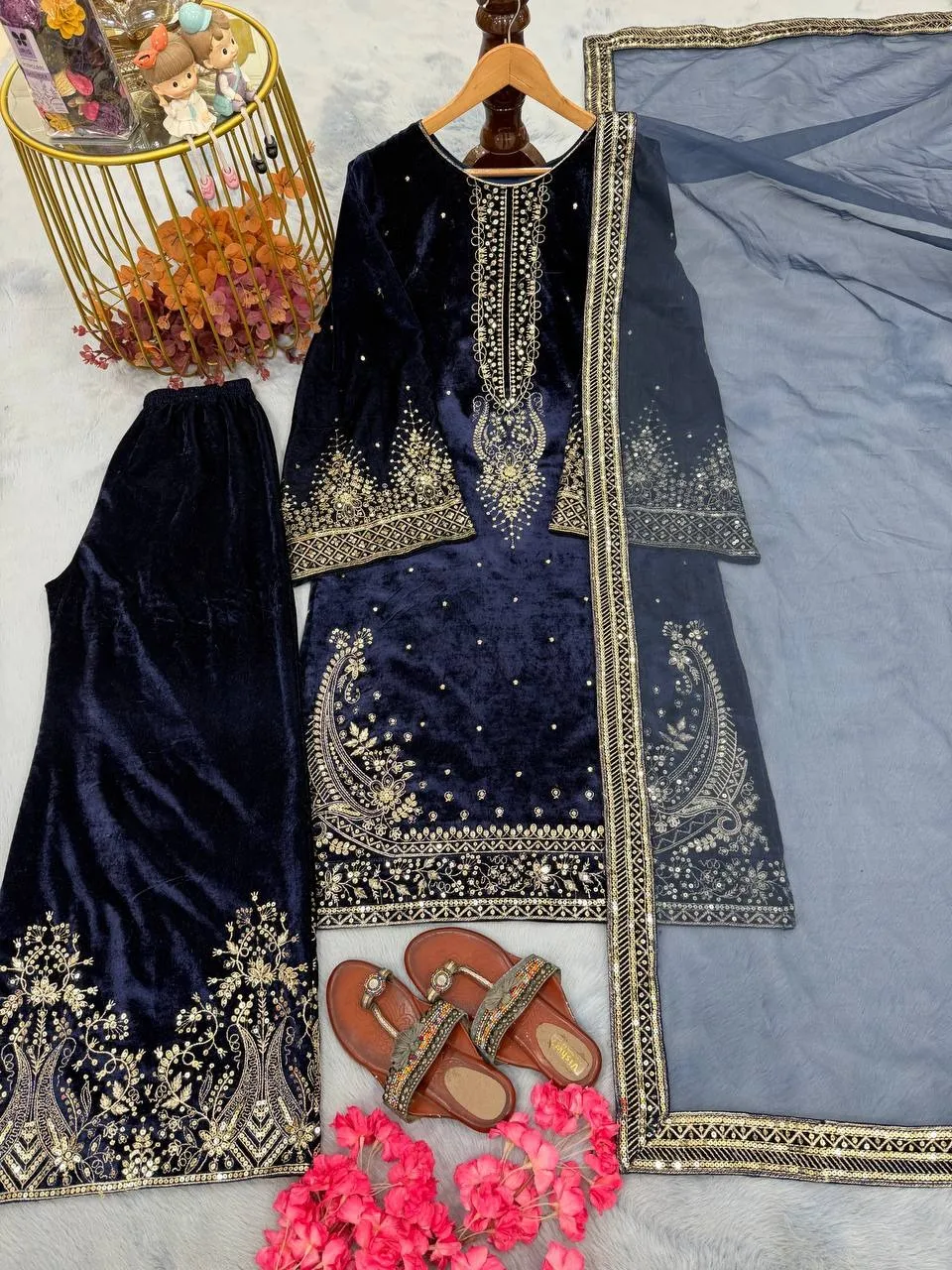 Navy Blue Embroidery Pakistani Velvet Suit - Image 3
