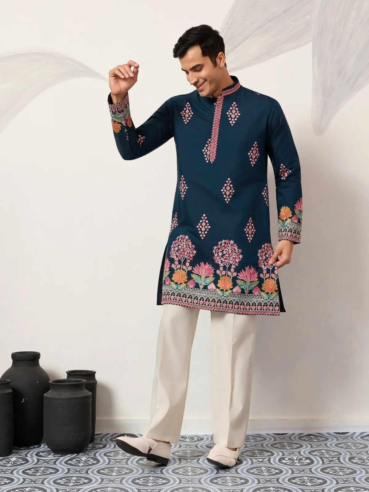 Navy Blue Functional Embroidery Men Kurta
