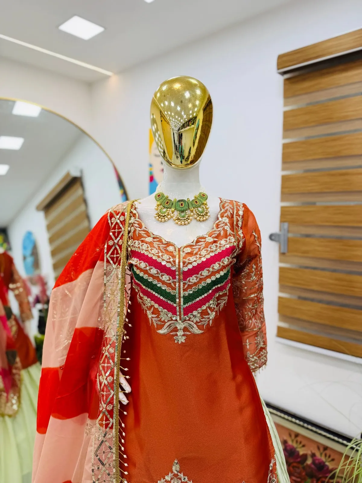 Pakistani Style Orange Skirt Suit - Image 2
