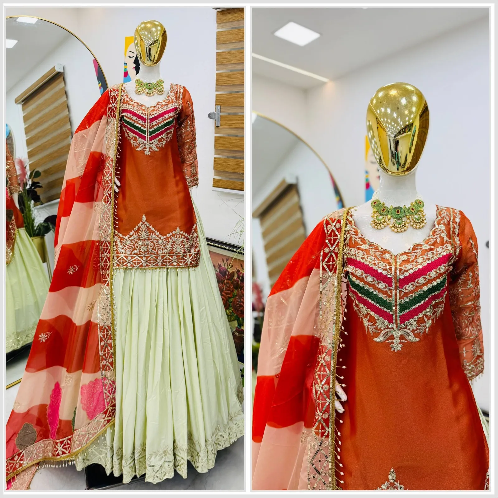 Pakistani Style Orange Skirt Suit - Image 3