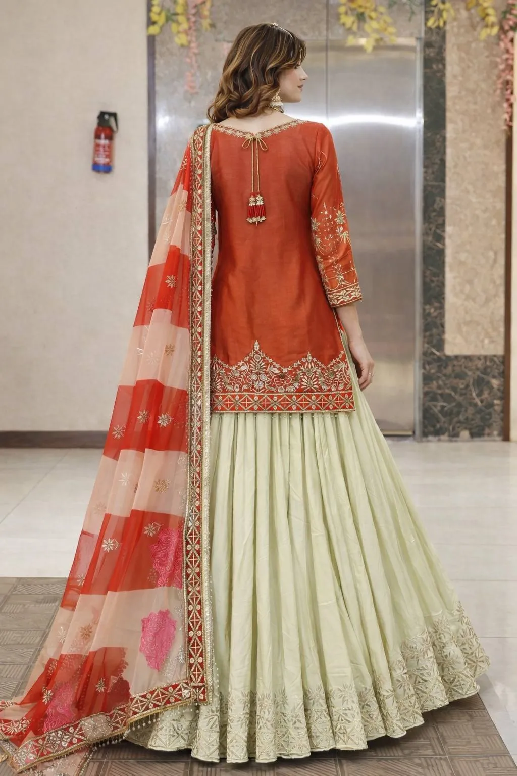 Pakistani Style Orange Skirt Suit - Image 5