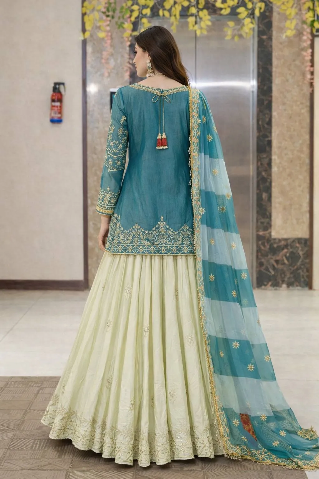Pakistani Style Sky Blue Skirt Suit - Image 2