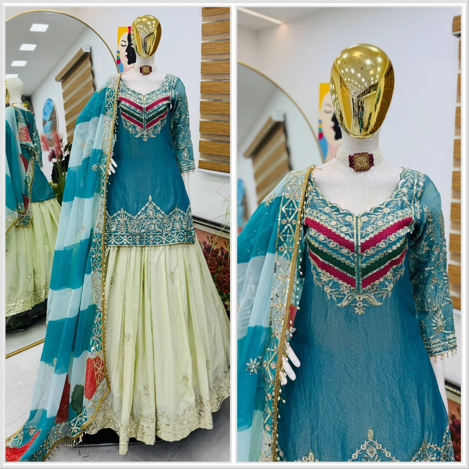 Pakistani Style Sky Blue Skirt Suit - Image 3