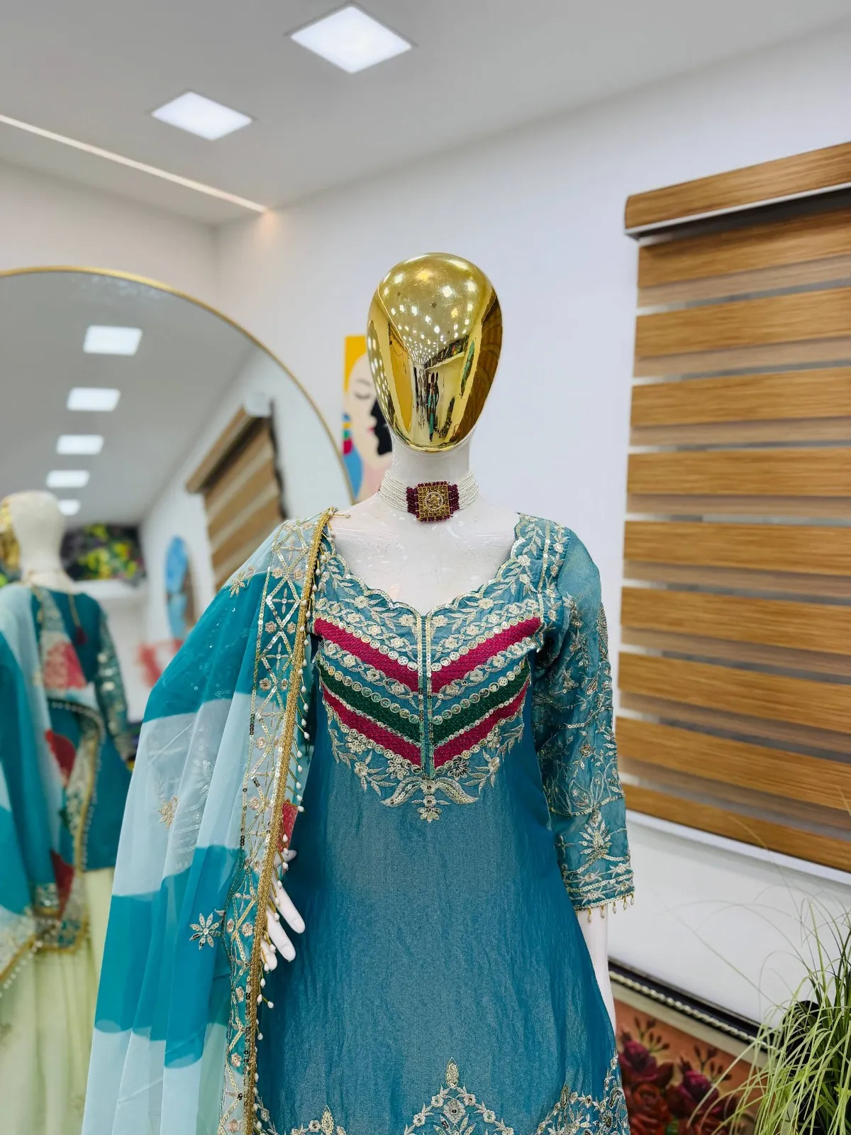 Pakistani Style Sky Blue Skirt Suit - Image 4