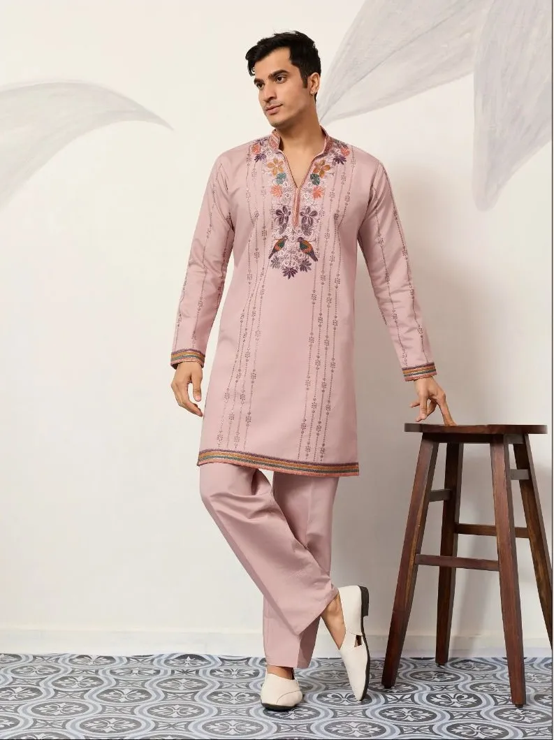 Pastel Color Stylish Mens Embroidery Kurta Set