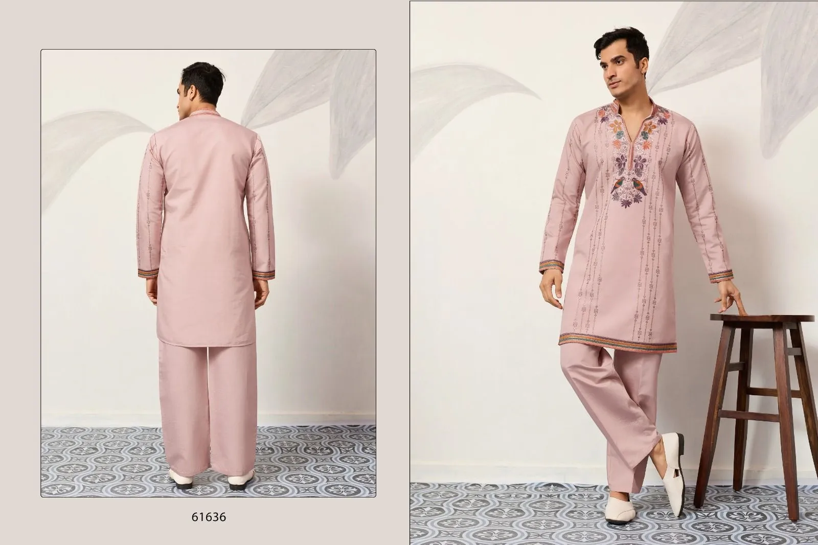 Pastel Color Stylish Mens Embroidery Kurta Set - Image 2