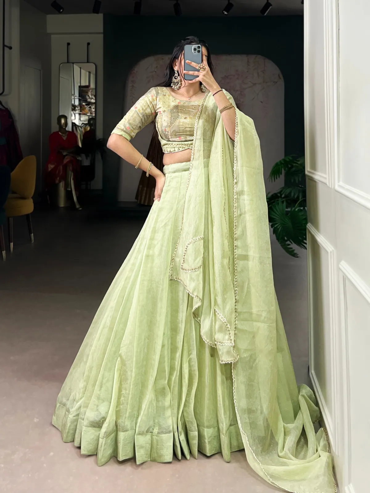 Pastel Teal Plain Lehenga with Embroidery Readymade Blouse