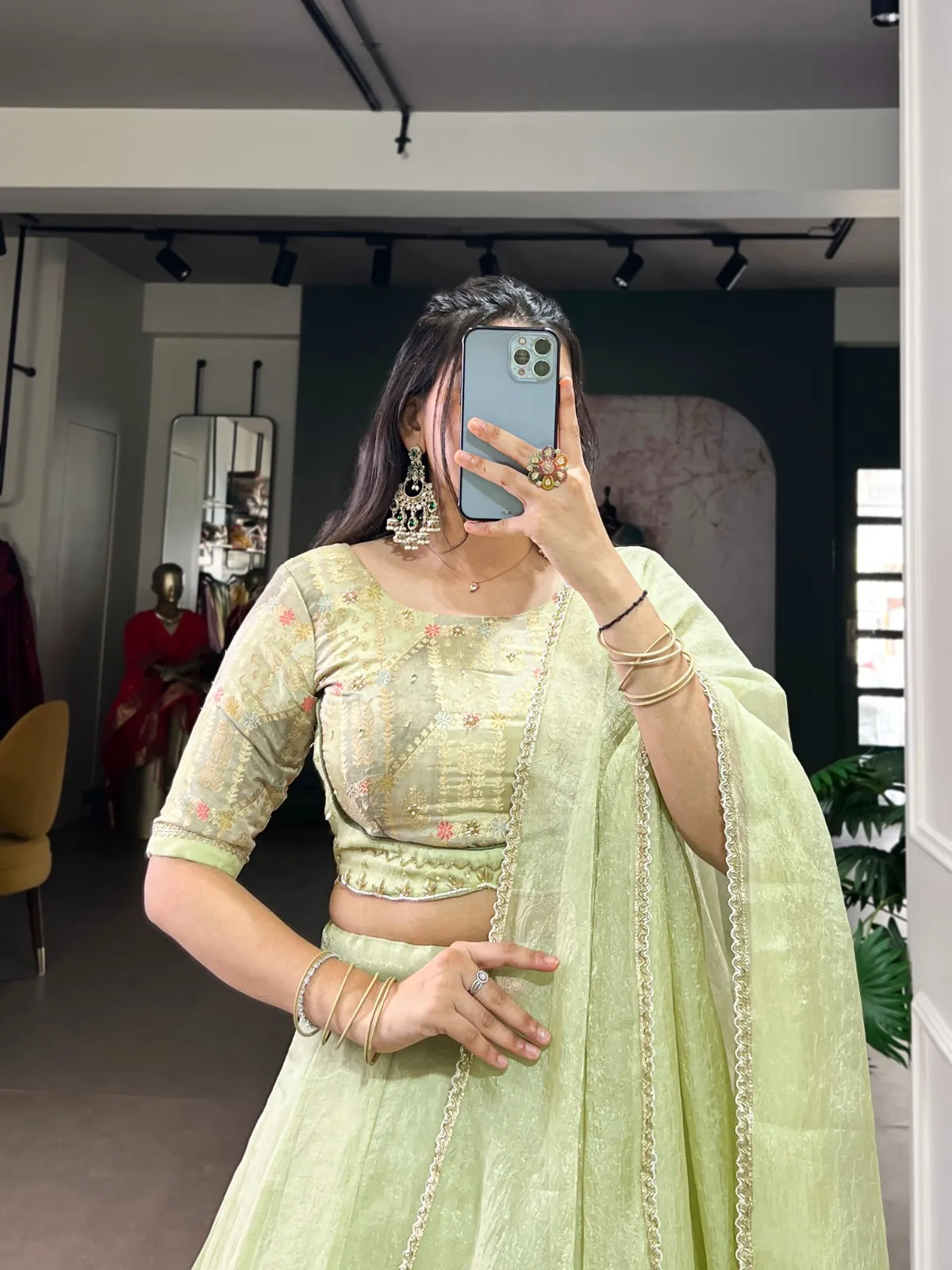 Pastel Teal Plain Lehenga with Embroidery Readymade Blouse - Image 2