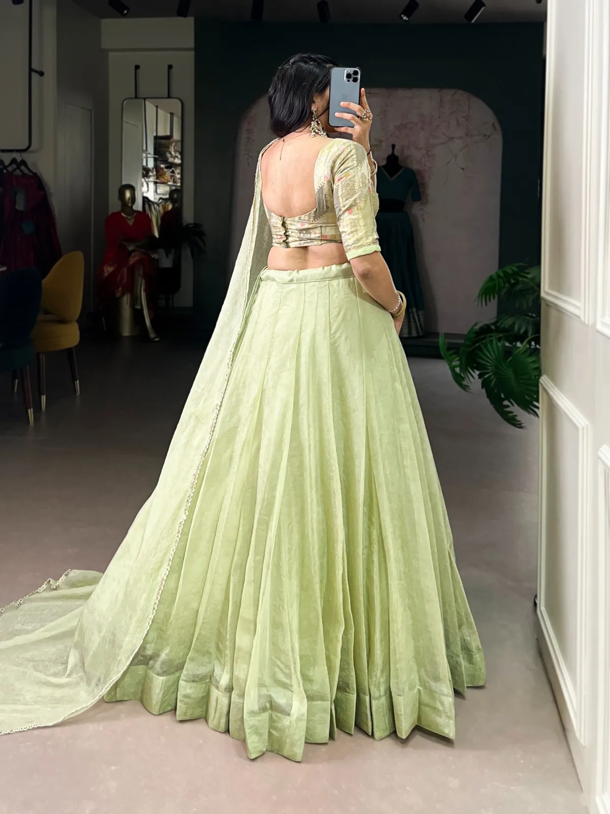 Pastel Teal Plain Lehenga with Embroidery Readymade Blouse - Image 3