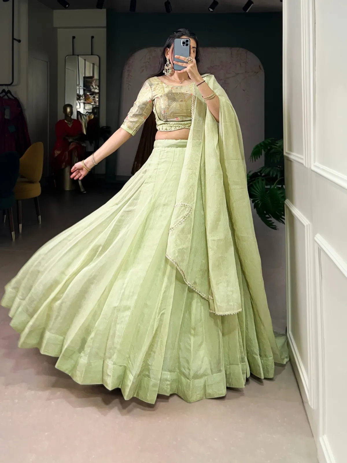 Pastel Teal Plain Lehenga with Embroidery Readymade Blouse - Image 4