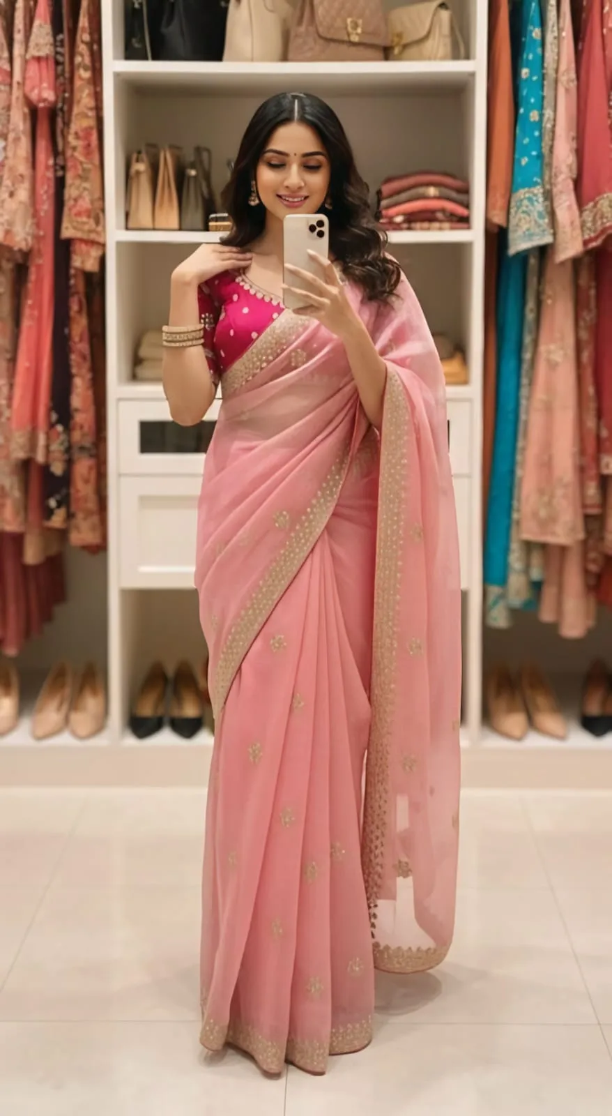 Pink Embroidery Saree with Readymade Blouse