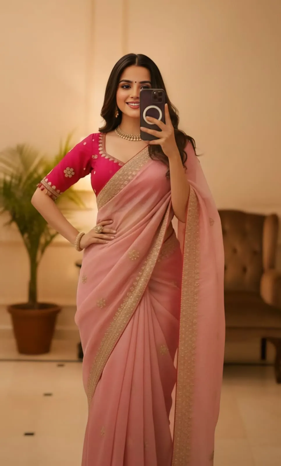 Pink Embroidery Saree with Readymade Blouse - Image 2